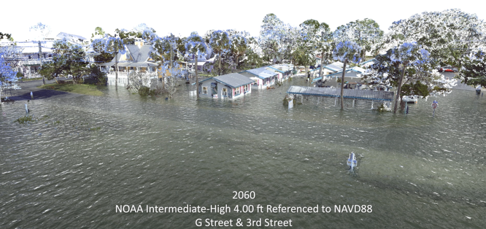 Proyección del aspecto que tendrían G Steet y 3rd Street en Cedar Key con la proyección intermedia-alta de la NOAA de ascenso del nivel del mar en 2060.