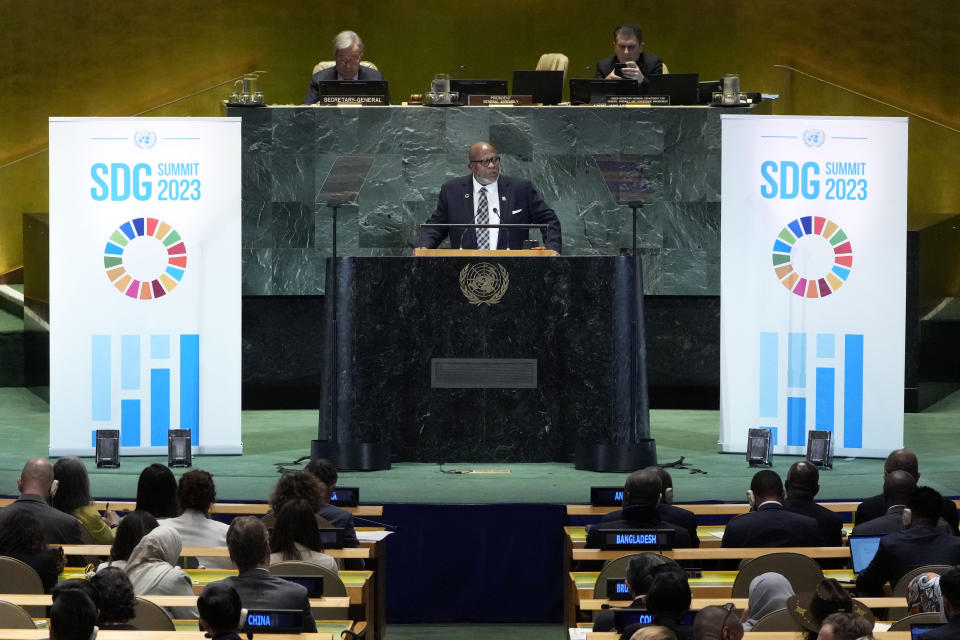 Dennis Francis, President of the 78th session of the General Assembly, addresses the United Nations Sustainable Development Forum, Monday, Sept. 18, 2023. (AP Photo/Richard Drew)