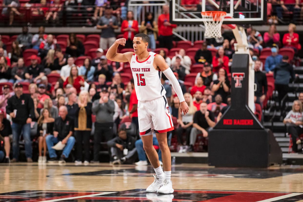 Texas Tech's Kevin McCullar (15) flexes during the first half of a nonconference game Nov. 9 against North Florida at United Supermarkets Arena.