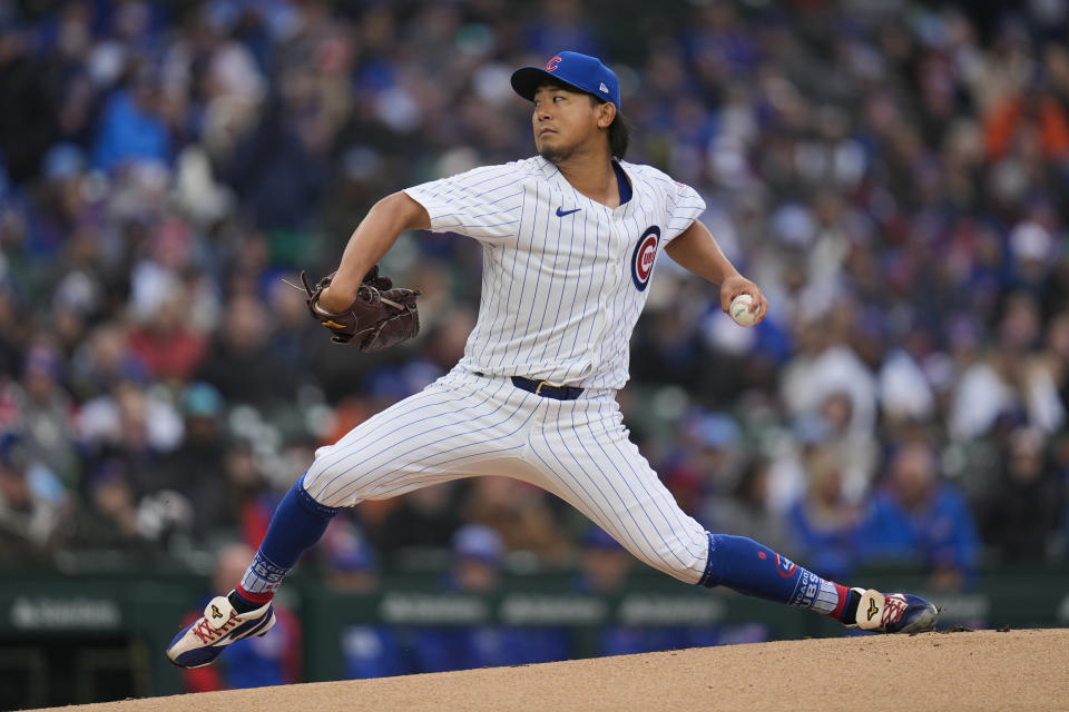 Chicago Cubs starting pitcher Shota Imanaga throws against the Colorado Rockies during the first inning of a baseball game Monday, April 1, 2024, in Chicago. (AP Photo/Erin Hooley)