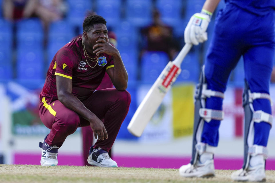 West Indies' bowler Oshane Thomas gestures after a delivery against Zak Crawley during their first ODI cricket match at Sir Vivian Richards Stadium in North Sound, Antigua and Barbuda, Sunday, Dec. 3, 2023. (AP Photo/Ricardo Mazalan)