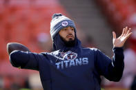 FILE - In this Jan. 19, 2020, file photo, Tennessee Titans' quarterback Marcus Mariota warms up before the NFL AFC Championship football game against the Kansas City Chiefs in Kansas City, Mo. The Las Vegas Raiders have agreed on a contract with free agent Mariota to provide an experienced backup behind starter Derek Carr. A person familiar with the deal said Monday, March 16, 2020, the Raiders reached the deal with the former No. 2 overall pick in the 2015 draft. (AP Photo/Charlie Riedel, File)