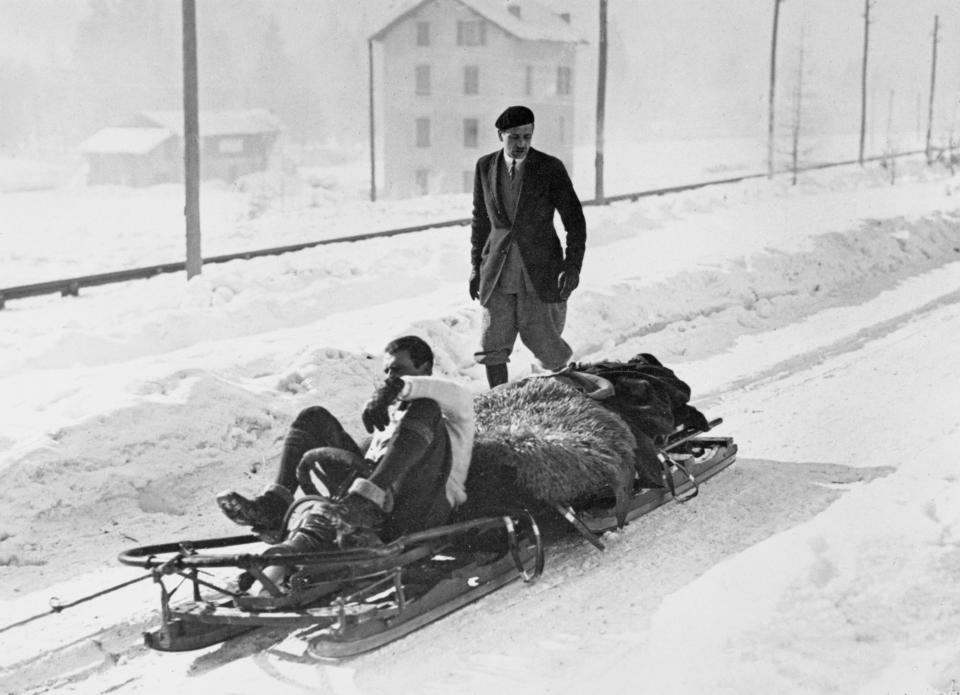 Bringing down the injured following a bobsleigh crash at the 1924 Winter Olympics in Chamonix, France, February 1924.