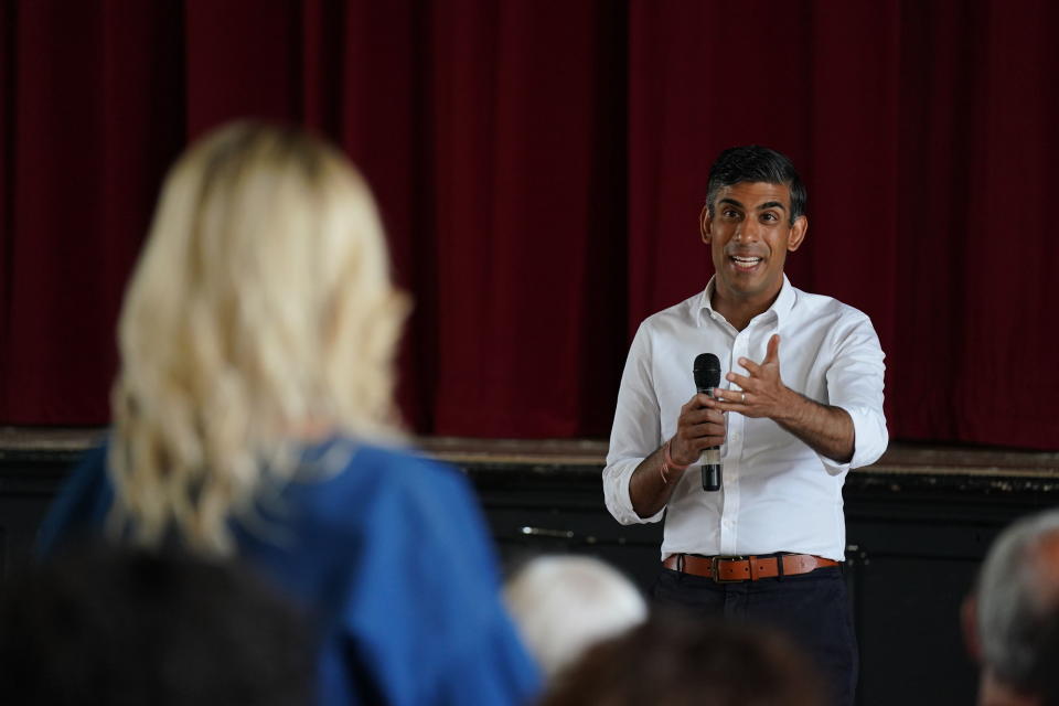Rishi Sunak at an event in Ribble Valley, as part of the campaign to be leader of the Conservative Party and the next prime minister, in England, Monday, Aug. 8, 2022. As Britain swelters through a roasting summer, and braces for a cold financial reckoning in the fall, calls for the Conservative government to act are getting louder. But the Conservatives are busy choosing a new leader, through a prolonged party election whose priorities often seem remote from the country’s growing turmoil. (Owen Humphreys/PA via AP)