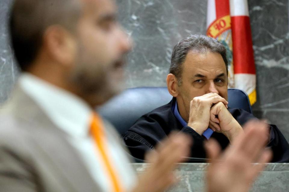 Judge Michael Usan watches as Mauricio Padilla, attorney of suspected shooting accomplice Dedrick Williams, gives his closing argument in the XXXTentacion murder trial at the Broward County Courthouse in Fort Lauderdale on Tuesday, March 7, 2023. Emerging rapper XXXTentacion, born Jahseh Onfroy, 20, was killed during a robbery outside of Riva Motorsports in Deerfield Beach in 2018 allegedly by defendants Michael Boatwright, Trayvon Newsome, and Dedrick Williams.