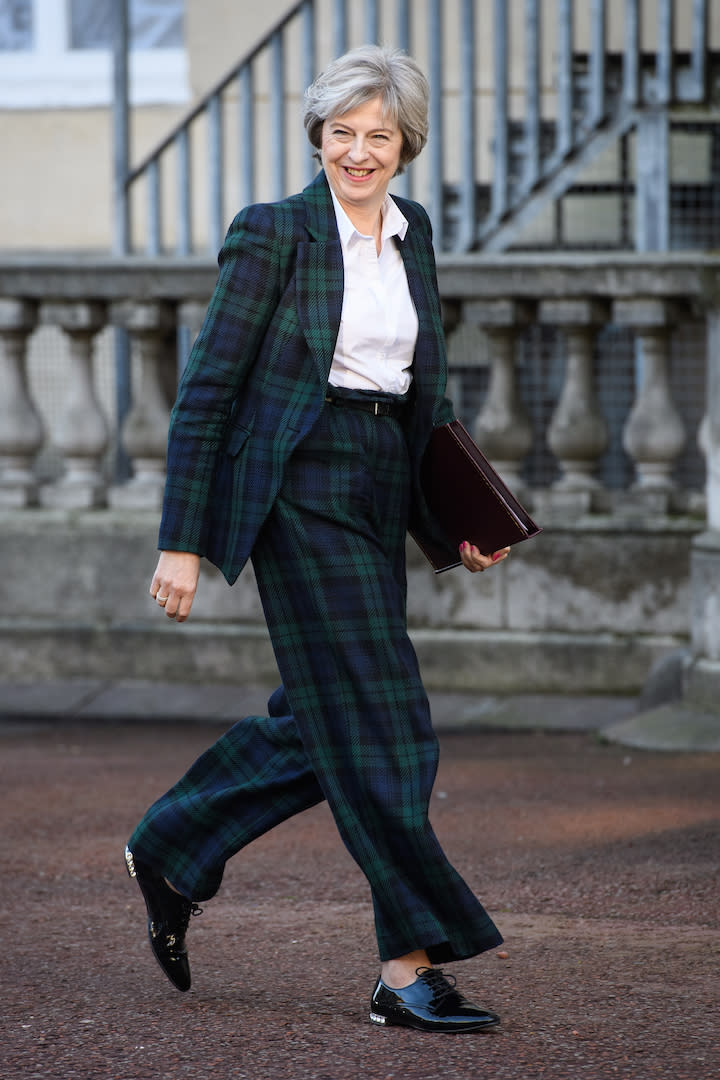 Theresa May dug out her favourite Vivienne Westwood suit for the keynote speech [Photo: Getty]