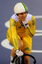 LONDON, ENGLAND - AUGUST 06: Anna Meares (L) of Australia celebrates victory in the Women's Sprint Track Cycling Quarter Finals on Day 10 of the London 2012 Olympic Games at Velodrome on August 6, 2012 in London, England. (Photo by Michael Regan/Getty Images)