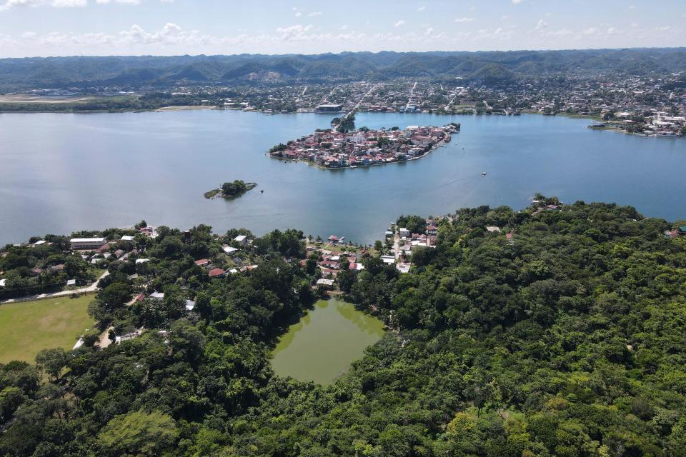 Aerial view of Tayasal archaeological site, in the municipality of Flores, Peten Department, 500 km north of Guatemala City, on October 28, 2022.  / Credit: CARLOS ALONZO/AFP via Getty Images