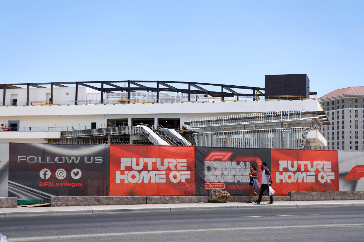 LAS VEGAS, NEVADA - AUGUST 1:  Construction of the 300,000-square-foot, four-story paddock facility, located on the northeast corner of Harmon Avenue and Koval Lane from turn 14 to 4. The area will feature the start/finish line, driver pits, ultra VIP spectator zones and a rooftop terrace on the 3.8 mile circuit 50 lap course Formula One 2023 Las Vegas Grand Prix Street Circuit race taking place on November 18 2023 on August 1, 2023 in Las Vegas, Nevada. (Photo by Matthew Ashton - AMA/Getty Images)