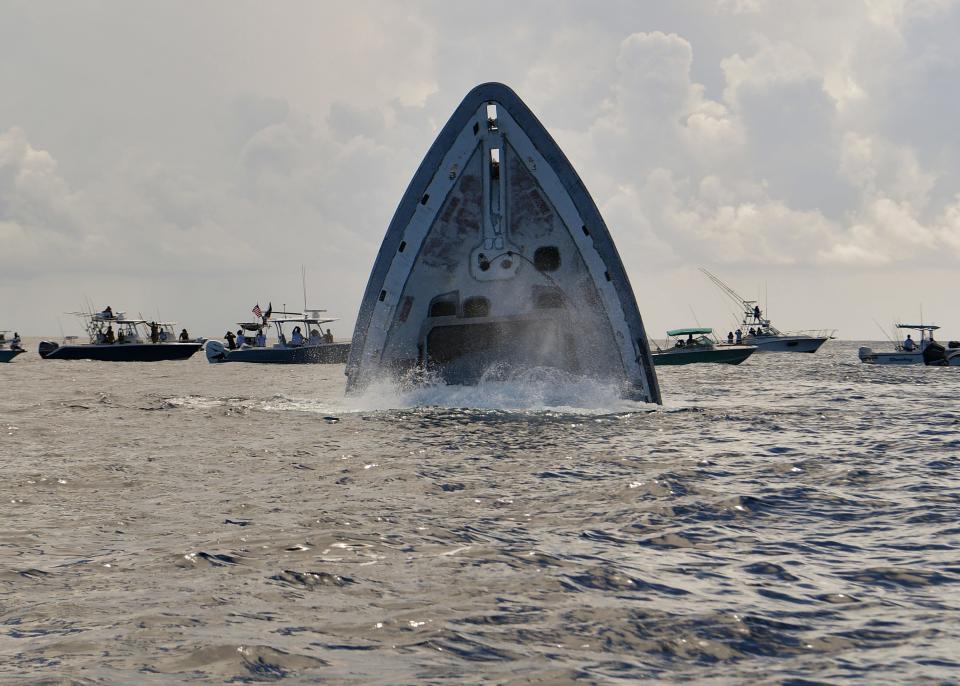 The A.A. Hendry artificial reef sinks at the Fort Pierce Sportfishing Club Reef permitted artificial reef site about 15 miles southeast of the Fort Pierce Inlet on Saturday, July 15, 2023, in the Atlantic Ocean.