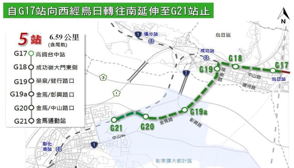 台中捷運綠線自G17站向西經烏日轉往南，延伸至彰化縣境G21站止。（彰化縣政府提供／孫英哲彰化傳真）