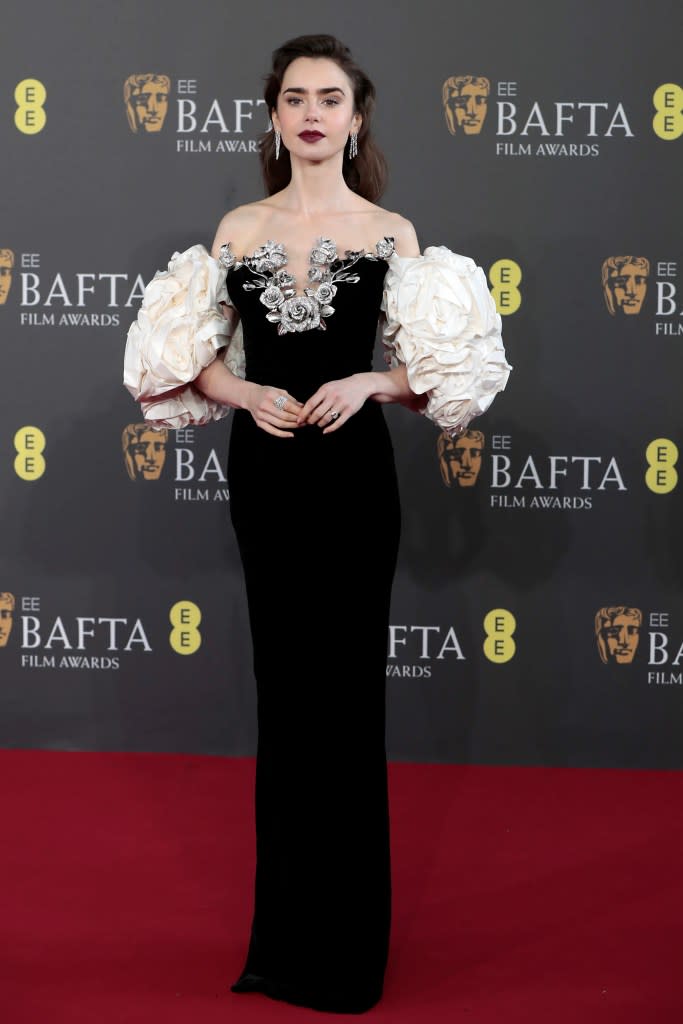 Lily Collins attends the EE BAFTA Film Awards 2024 at The Royal Festival Hall on February 18, 2024 in London, England.