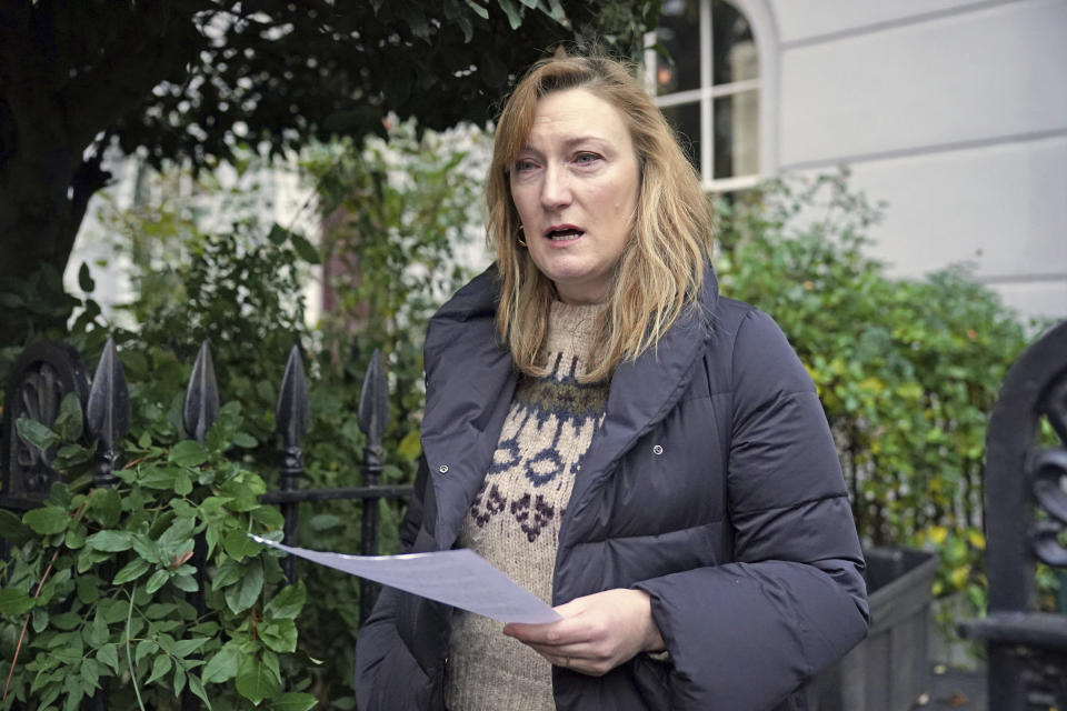 Allegra Stratton speaks outside her home in north London, Wednesday, Dec. 8, 2021. British Prime Minister Boris Johnson has apologized and ordered an inquiry after a leaked video showed senior members of his staff joking about holding a lockdown-breaching Christmas party. The video has poured fuel on allegations that government officials flouted coronavirus rules they imposed on everyone else. The video, recorded on Dec. 22, 2020 and aired late Tuesday by broadcaster ITV, shows then-press secretary Allegra Stratton appearing to joke about an illicit party at the prime minister's Downing Street office. (Jonathan Brady/PA via AP)