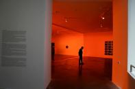 A guard stands next to an Olafur Eliasson installation at the Guggenheim Museum on the day it reopens its doors following a three-month closure, amid the coronavirus disease (COVID-19) outbreak, in Bilbao