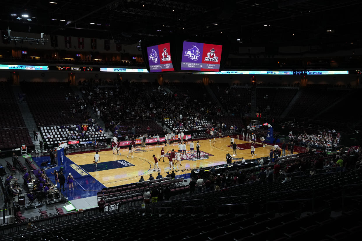 LAS VEGAS, NEVADA - MARCH 12: A general view as the New Mexico State Aggies take on the Abilene Christian Wildcats in the championship game of the Western Athletic Conference basketball tournament at the Orleans Arena on March 12, 2022 in Las Vegas, Nevada. (Photo by Joe Buglewicz/Getty Images)