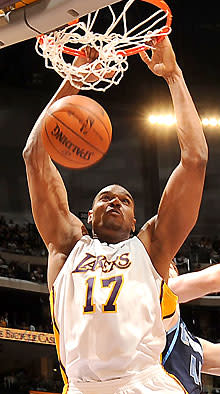 Lakers center Andrew Bynum had eight points with 10 rebounds against Utah
