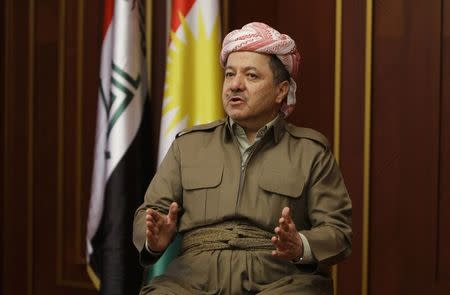 Iraqi Kurdish regional President Masoud Barzani speaks during an interview with Reuters in Arbil, in this November 30, 2011 file photo. REUTERS/Azad Lashkari/Files