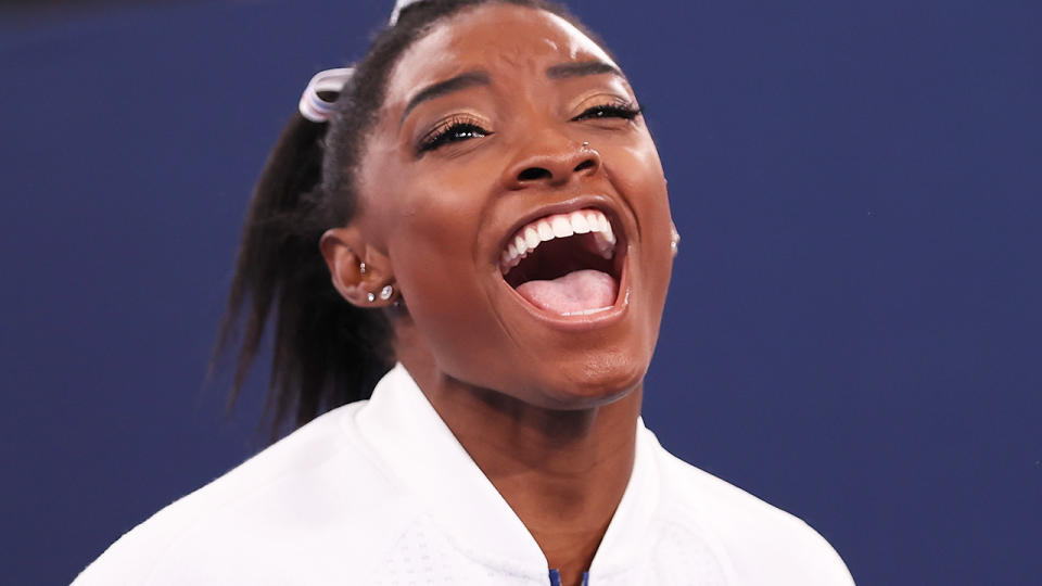 Gymnastics superstar Simone Biles remained in Tokyo to support her teammates, despite withdrawing from most of her events. (Photo by Cao Can/Xinhua via Getty Images)