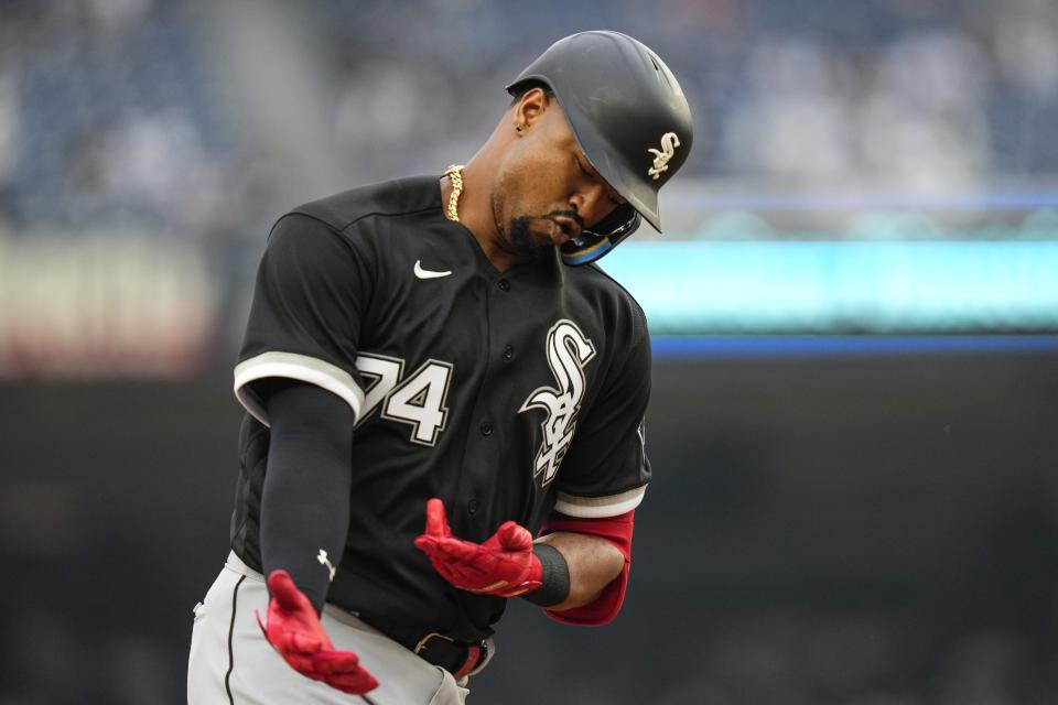 Chicago White Sox's Eloy Jimenez gestures as he runs the bases after hitting a two-run home run against the New York Yankees during the seventh inning in the first baseball game of a doubleheader Thursday, June 8, 2023, in New York. (AP Photo/Frank Franklin II)