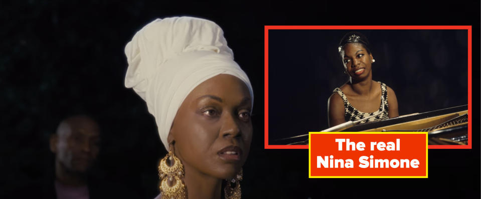 Zoe Saldaña as Nina Simone looks to the side in "Nina"