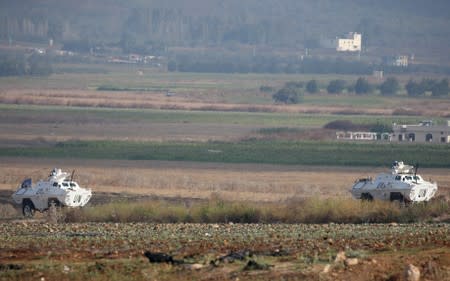 UN peacekeepers (UNIFIL) patrol near the border with Israel, in the village of Khiam, in southern Lebanon