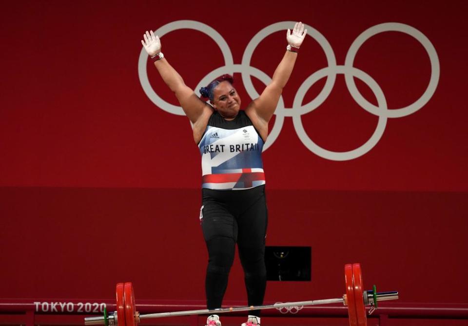 Emily Campbell in the women’s +87kg weightlifting.