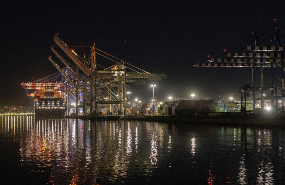 The Container ship Cam Cgm Arctic (MT) is moored at Maersk APM Terminals Pacific, Pier 400, at the Port of Los Angeles on Monday, Nov. 21, 2022. The supply backlogs of the past two years -- and the delays, shortages and outrageous prices they brought with them -- have improved dramatically since summer. (AP Photo/Damian Dovarganes)