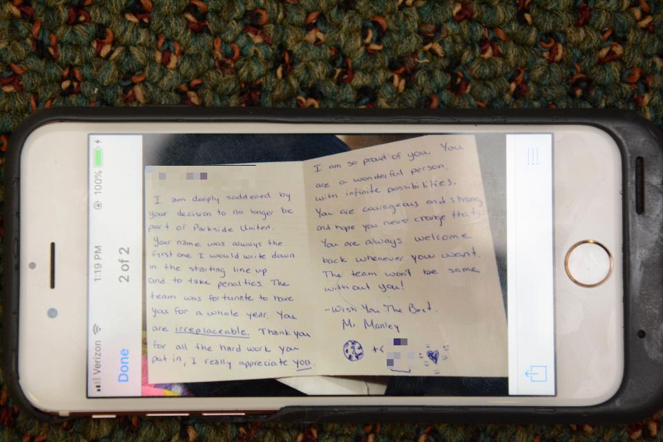 Investigators provided a redacted photo of a phone, with a note from Hector Manley to one of his soccer players who quit the town league team. He says their decision "deeply saddened" him and called them "irreplaceable" and "courageous." At least two children told investigators they quit his soccer team after he molested them.