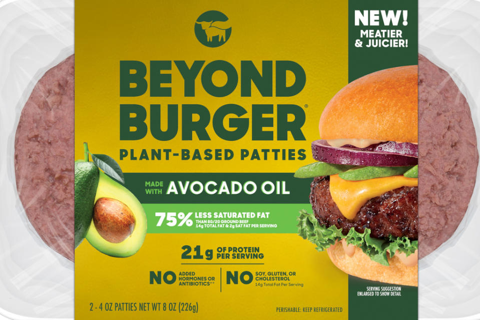 An image provided by Beyond Meat shows packaging for the latest iteration of the plant-based Beyond Burger. (Beyond Meat, Inc. via AP)