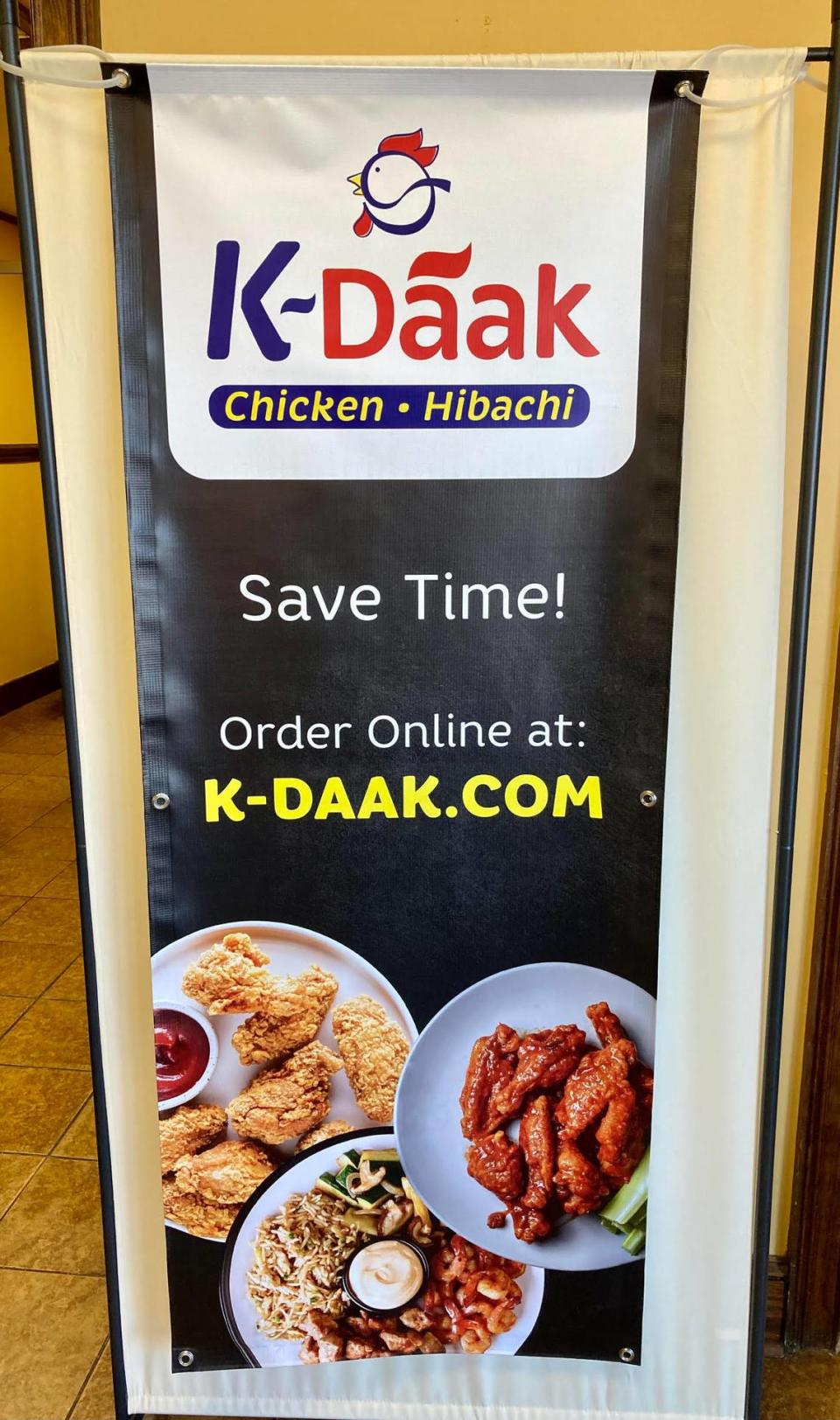 K-Daak, new restaurant at the former Zaxby’s location on Northside Drive, offers Korean-style chicken and hibachi as well as American-style wings with the same recipe as ATown Wings that first opened in Atlanta in 2008. A banner in the restaurant about online ordering.