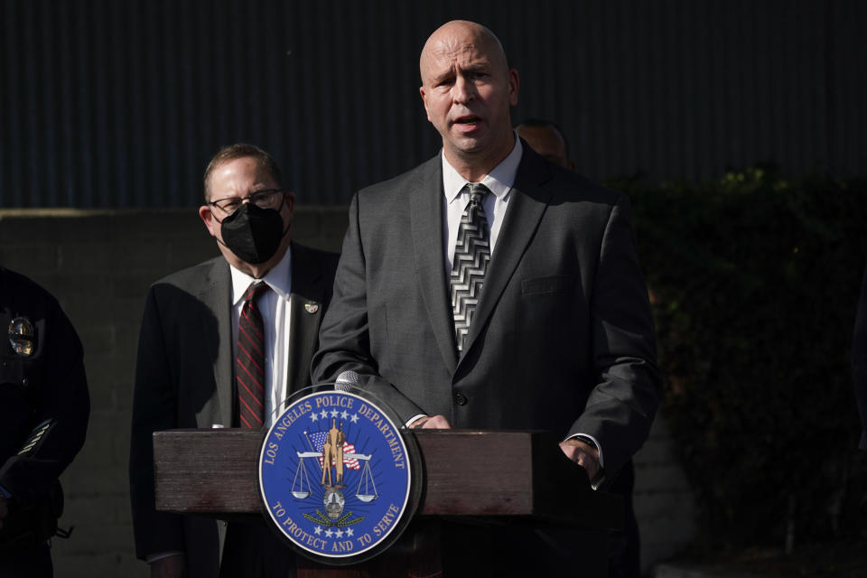 Los Angeles Police Department Lt. John Radtke speaks at a news conference about Brianna Kupfer, Tuesday, Jan. 18, 2022, in Los Angeles. Detectives are investigating the murder of Kupfer, a 24-year-old Pacific Palisades resident, who was killed at a business in the 300 block of North La Brea Avenue on Jan. 13. (AP Photo/Ashley Landis)