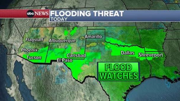 PHOTO: An ABC News graphic show regions where flood watches due to monsoon rain are enacted. (ABC News)