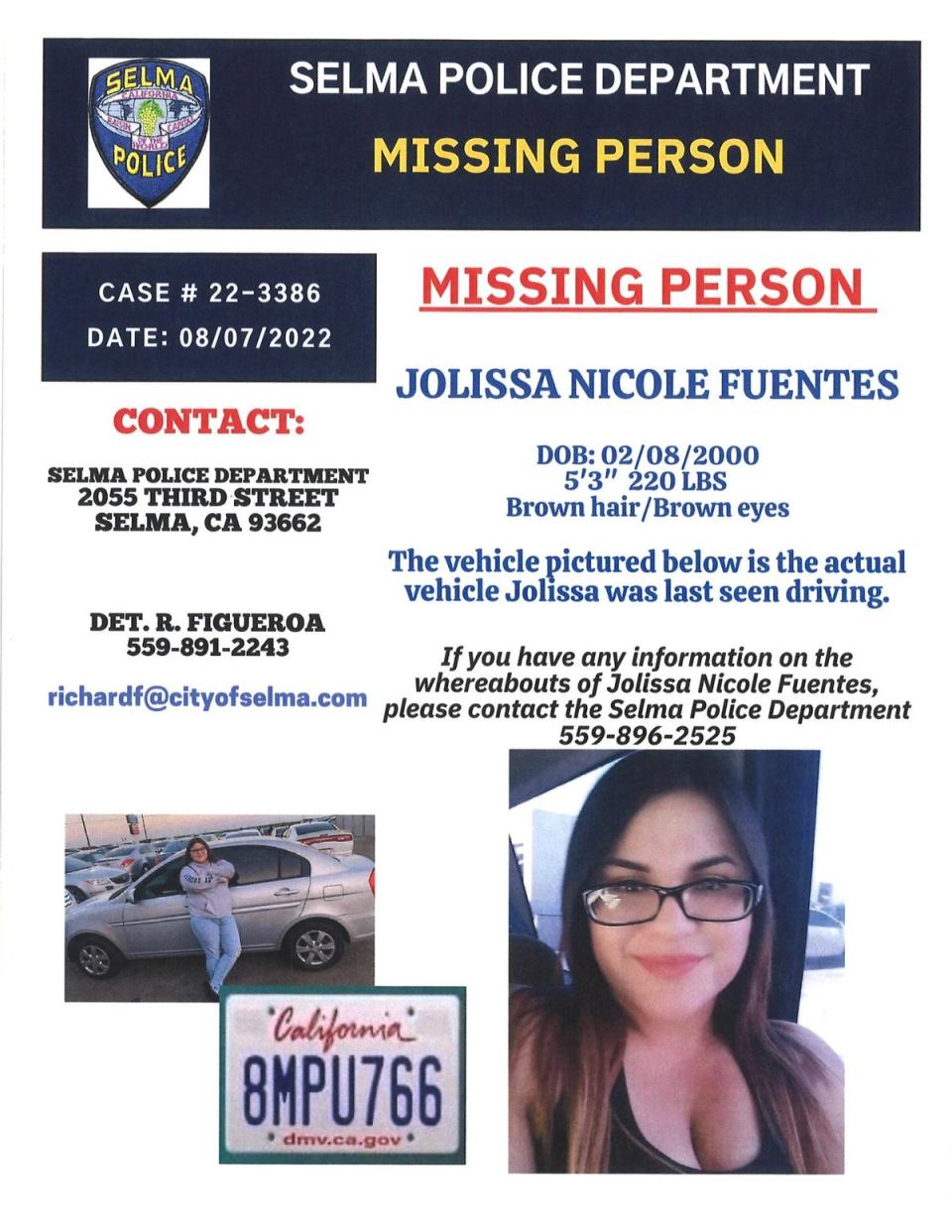 A missing person flyer for Jolissa Fuentes (Selma Police Department)