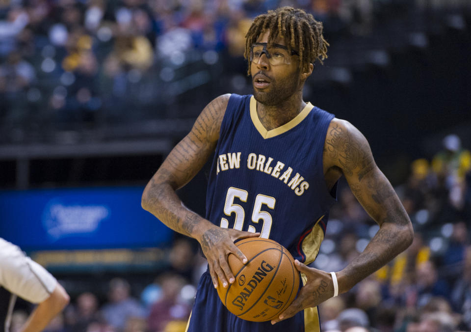 FILE - New Orleans Pelicans' Chris Douglas-Roberts (55) looks for help from teammates during the first half of a preseason NBA basketball game in Indianapolis, in this Saturday, Oct. 3, 2015, file photo. Eighteen former NBA players, including Douglas-Roberts, have been indicted on charges alleging they defrauded the league's health and welfare benefit plan out of about $4 million, according to an indictment Thursday, Oct. 7, 2021. (AP Photo/Doug McSchoole, File)