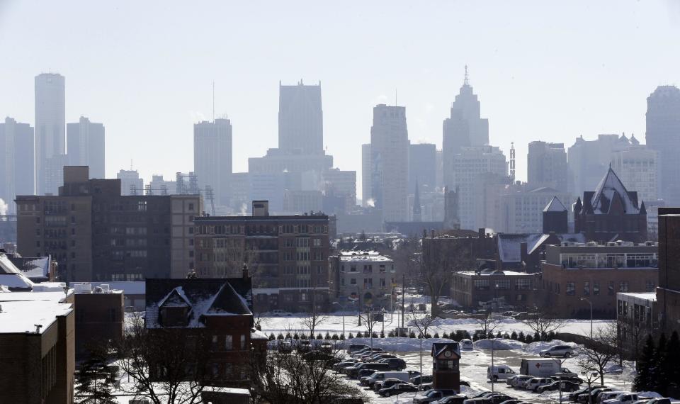 In a photo from Feb. 12, 2014, the Detroit skyline is seen from the city's midtown. Detroit’s creditors and residents are expected to get their first official glimpse this week of the road out of bankruptcy, even as fights and tinkering continue. A proposal to restructure the city’s debt could be filed by state-appointed emergency manager Kevyn Orr to the bankruptcy court as early as Wednesday, Feb. 19. It’s considered a blueprint for Detroit, undergoing the largest municipal bankruptcy in U.S. history. (AP Photo/Carlos Osorio)