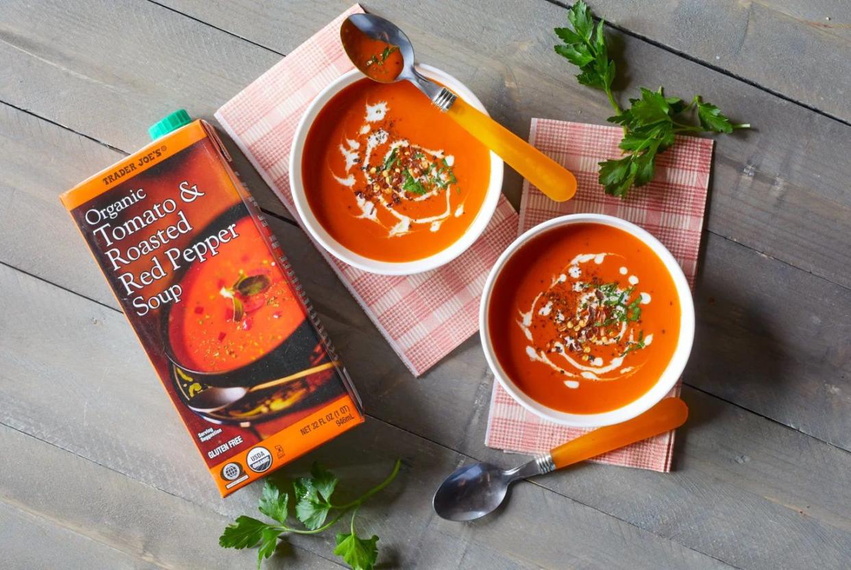 Staged photo showing Trader Joe's Organic Tomato & Roasted Red Pepper Soup in two bowls