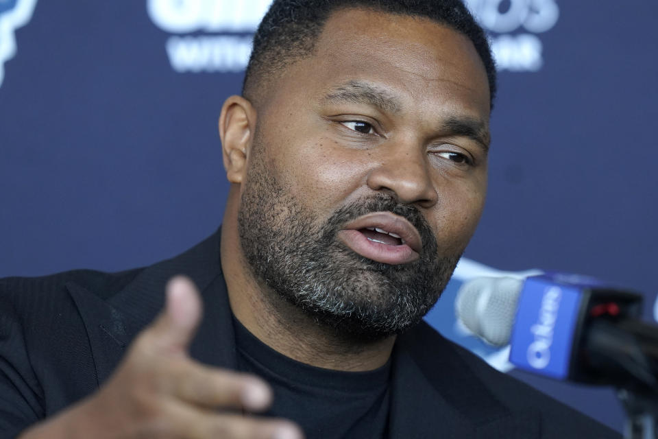 Newly-named New England Patriots head coach Jerod Mayo faces reporters, Wednesday, Jan. 17, 2024, during an NFL football news conference, in Foxborough, Mass. Mayo succeeds Bill Belichick as the franchise's 15th head coach. (AP Photo/Steven Senne)