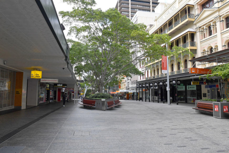 The normally busy Brisbane CBD is seen looking quiet in Brisbane, Australia during lockdown.