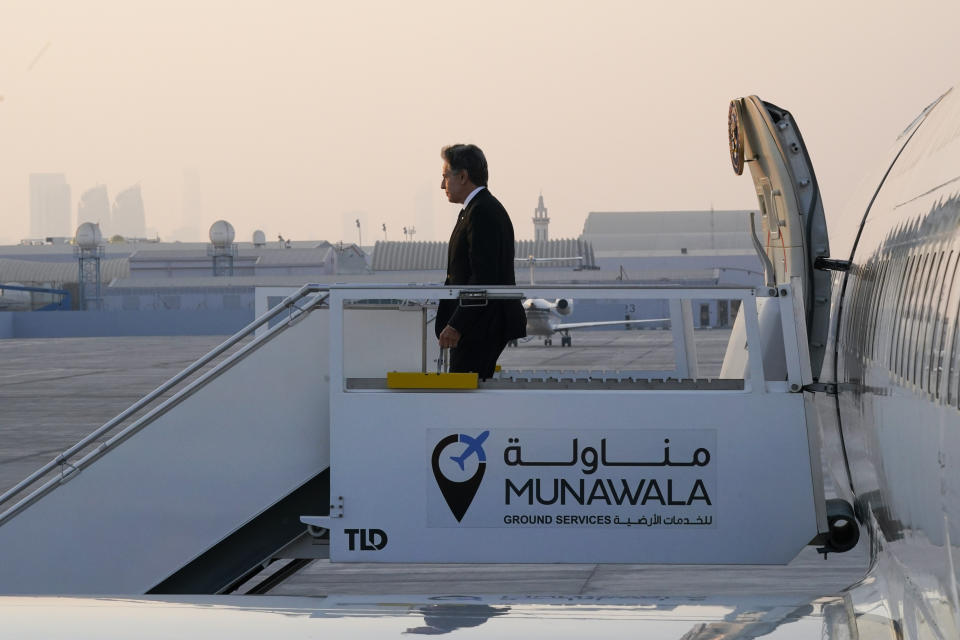 U.S. Secretary of State Antony Blinken arrives in Abu Dhabi, United Arab Emirates, Saturday Oct. 14, 2023. (AP Photo/Jacquelyn Martin, Pool)