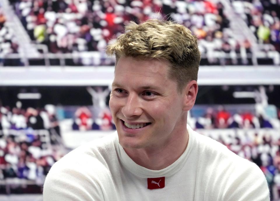 Driver Josef Newgarden talks about riding the high banks of Daytona during IMSA testing for the Rolex 24 at Daytona at Daytona International Speedway, Tuesday, Dec. 6, 2022.