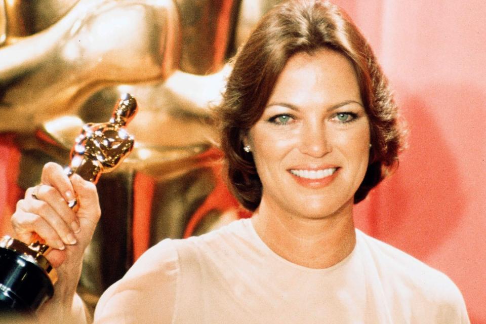 LOS ANGELES,CA - MARCH 29,1976: Actress Louise Fletcher poses backstage after winning the "Best Actress" award for "One Flew Over the Cuckoo's Nest" during the 48th Academy Awards at Dorothy Chandler Pavilion in Los Angeles,California. (Photo by Michael Montfort/Michael Ochs Archives/Getty Images)