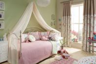 <p>The fun thing about designing a girl's bedroom is that with the base colour of pink, you can mix and match different patterns to achieve a cosy look. Florals, spots and graphic prints all work well together as long as you have the common link of one colour. The apple green looks great too with this pastel pink, so consider introducing it as a pretty option.</p><p>Pictured: Storytime Fairy Tale collection, <a href="https://www.i-liv.co.uk/fabrics/story-time.html" rel="nofollow noopener" target="_blank" data-ylk="slk:ILIV;elm:context_link;itc:0;sec:content-canvas" class="link ">ILIV</a></p>