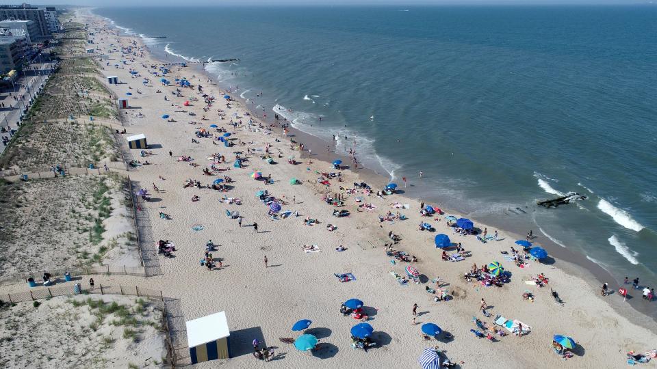 A drone view of people on the beach in Rehoboth Beach shown Monday, June 7, 2021.