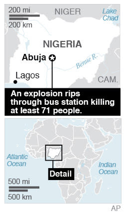 Map locates Abuja, Nigeria where an explosion at a bus stop killed at least 71 people; 1c x 2 3/4 inches; 46.5 mm x 69 mm;