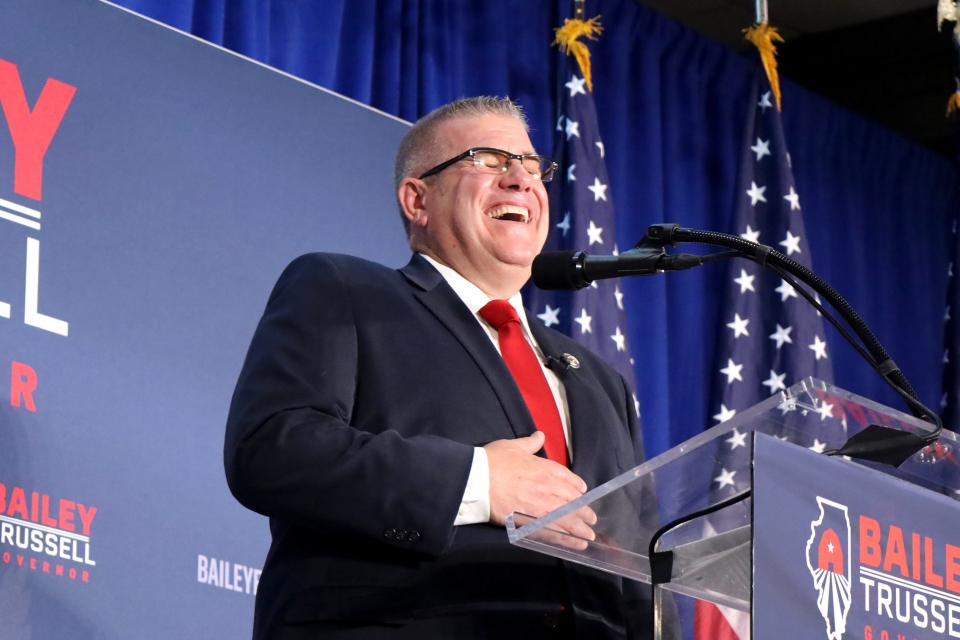 Republican gubernatorial nominee Darren Bailey delivering his speech after winning the 2022 primary election.