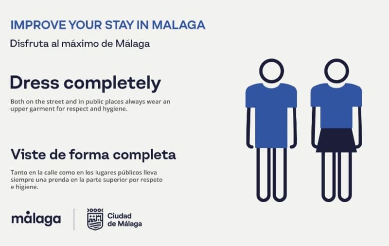 With the help of a pictogram of two clothed people, a tourism flyer in Spain's coastal city of Malaga is calling on visitors to "dress completely." Ciudad de Malaga/dpa