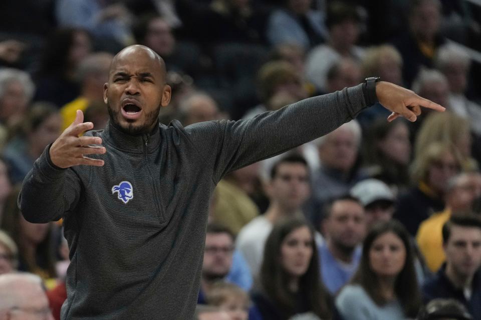 Seton Hall head coach Shaheen Holloway reacts during the first half of an NCAA college basketball game Tuesday, Dec. 27, 2022, in Milwaukee. (AP Photo/Morry Gash)