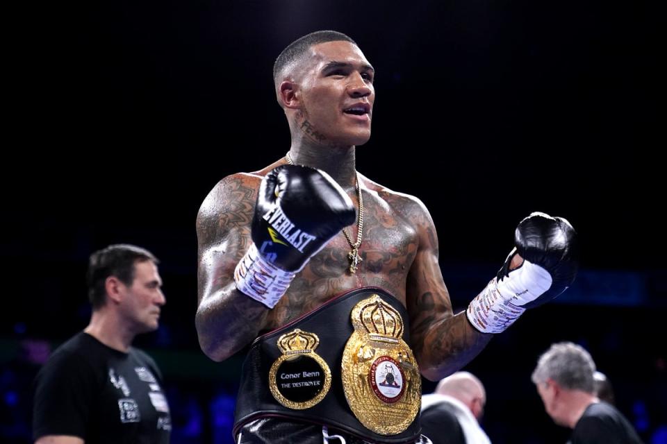 Conor Benn celebrates victory after knocking out Chris van Heerden in the World Boxing inside two rounds in Manchester (Zac Goodwin/PA) (PA Wire)