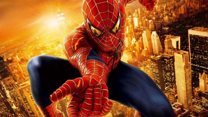 Spider-Man preparing to fire a web in "Spider-Man 2" promo art.