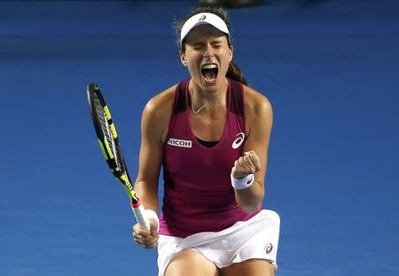 Britain's Johanna Konta reacts after winning her third round match against Czech Republic's Denisa Allertova at the Australian Open tennis tournament at Melbourne Park, Australia, January 23, 2016. REUTERS/Tyrone Siu